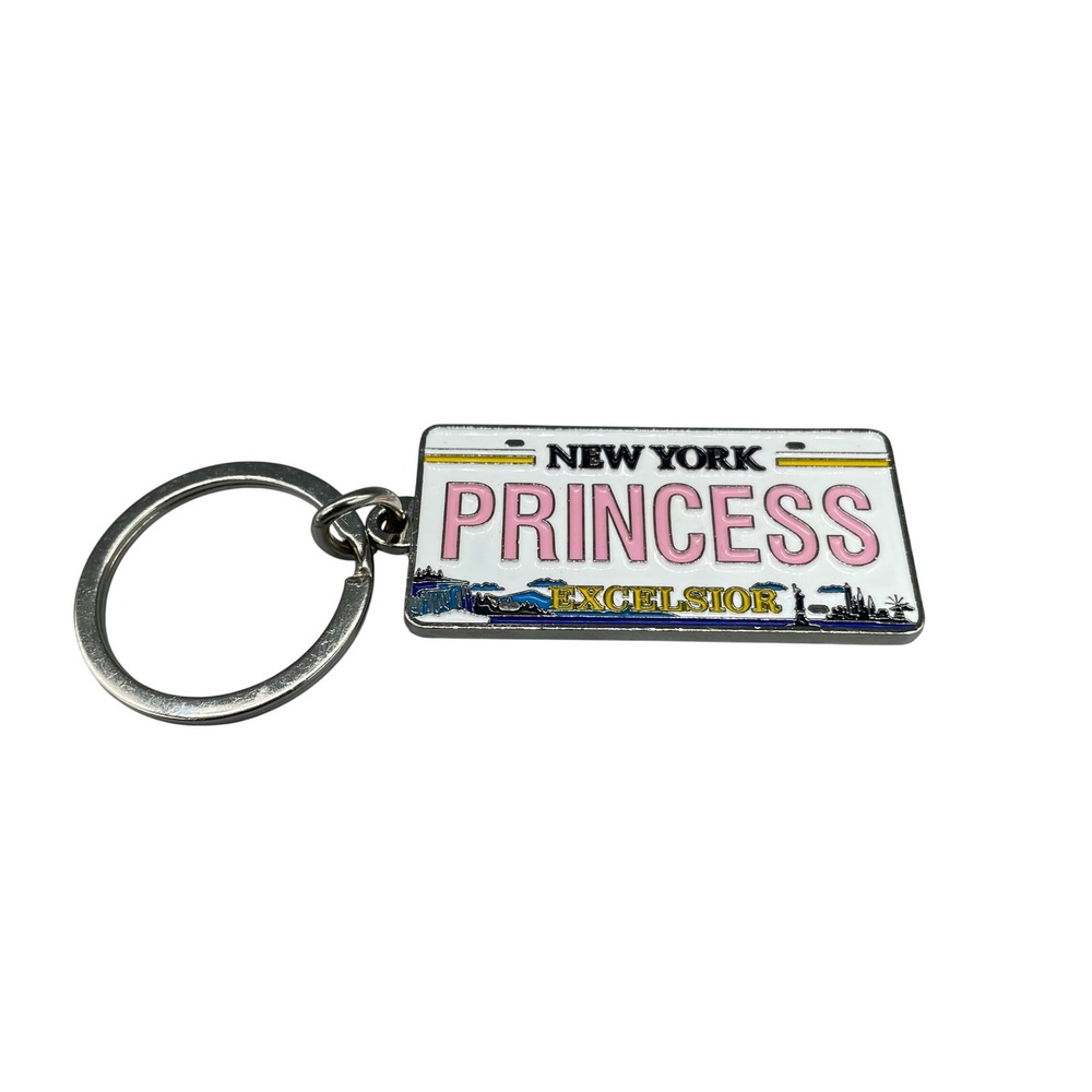 New York Princess License Plate Keychain Silver Tone Enamel NYC Souvenir Pink